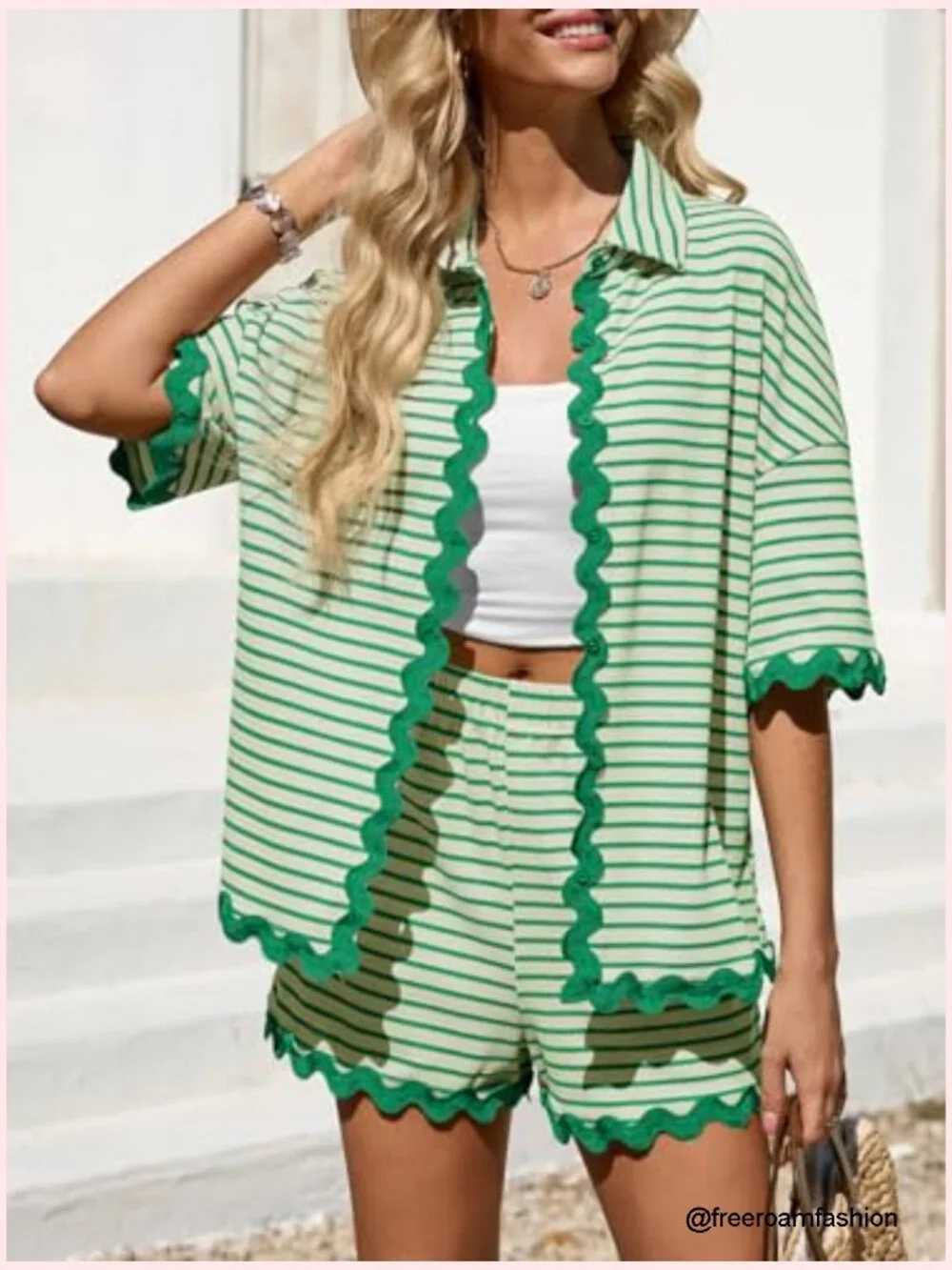 Two Piece Lounge Set Short Sleeve Button Down Shirt and Shorts Matching Set